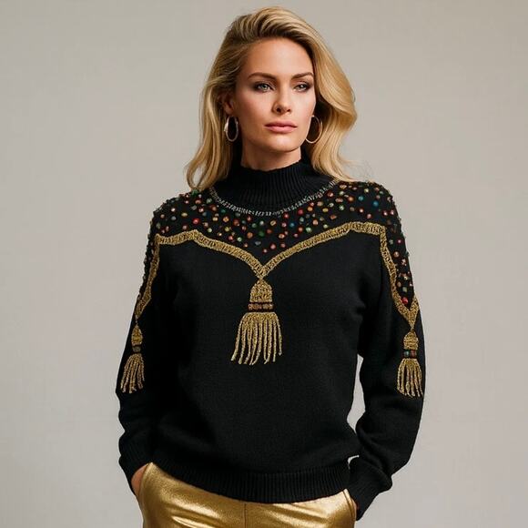 Vintage Sweaters - Vintage 80s Antonella Preve NY Gold Tassel + Studs + Rhinestone Sweater Medium